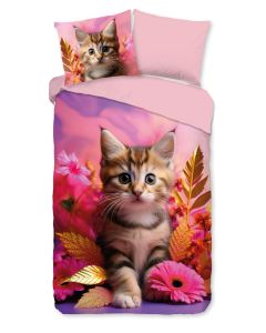 Dekbedovertrek kitten, poesje met een bruin beertje 140x200/220  en sloop 60x70