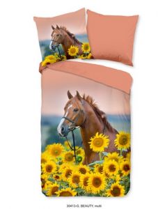Dekbedovertrek Bruin paard met zonnebloemen  140x200/220